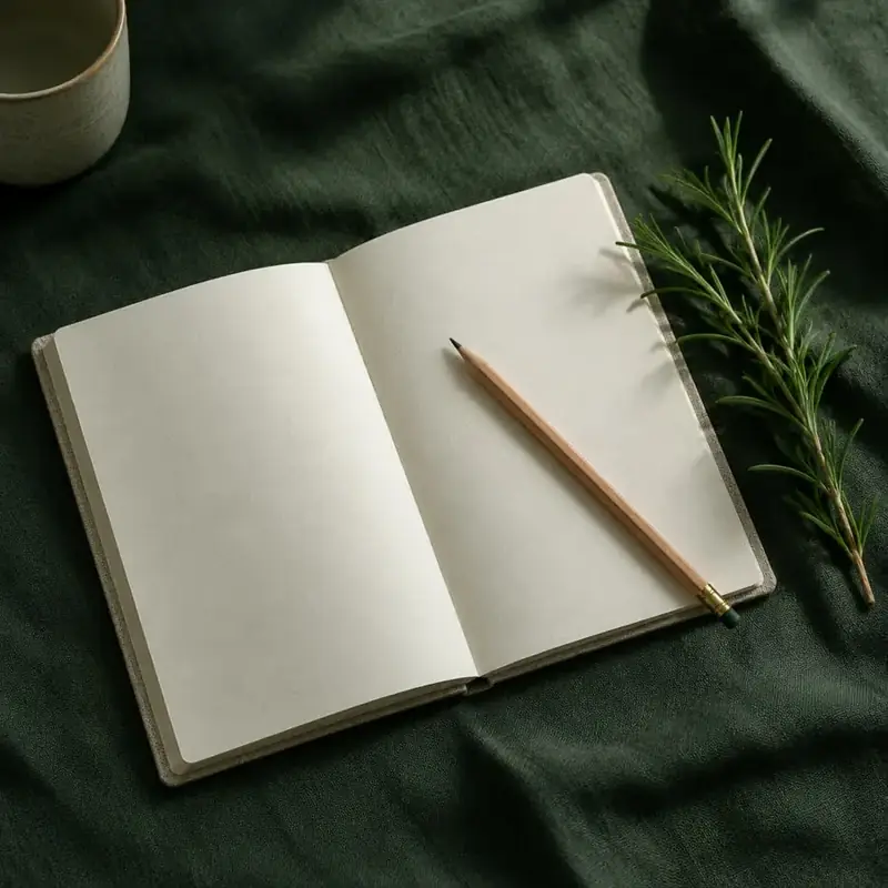 An open notebook with a pencil and a sprig of rosemary